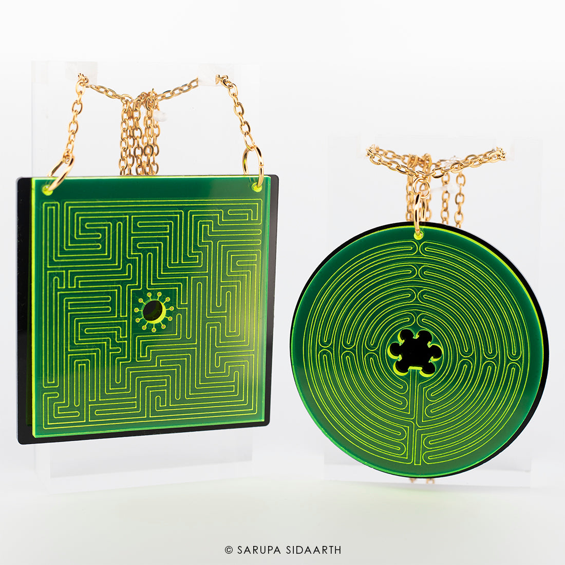 Green Fluorescent and Black Acrylic Labyrinth Necklace