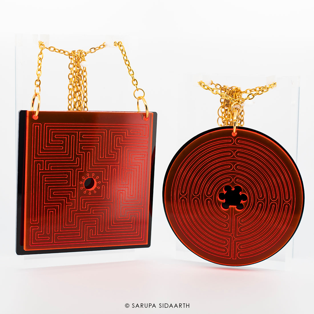 Pink Fluorescent and Black Acrylic Labyrinth Necklace