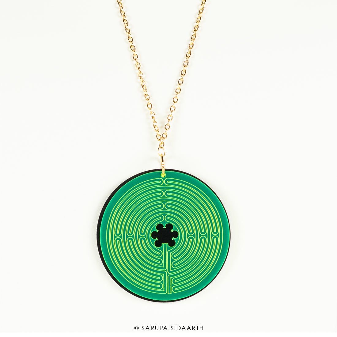 Green Fluorescent and Black Acrylic Labyrinth Necklace