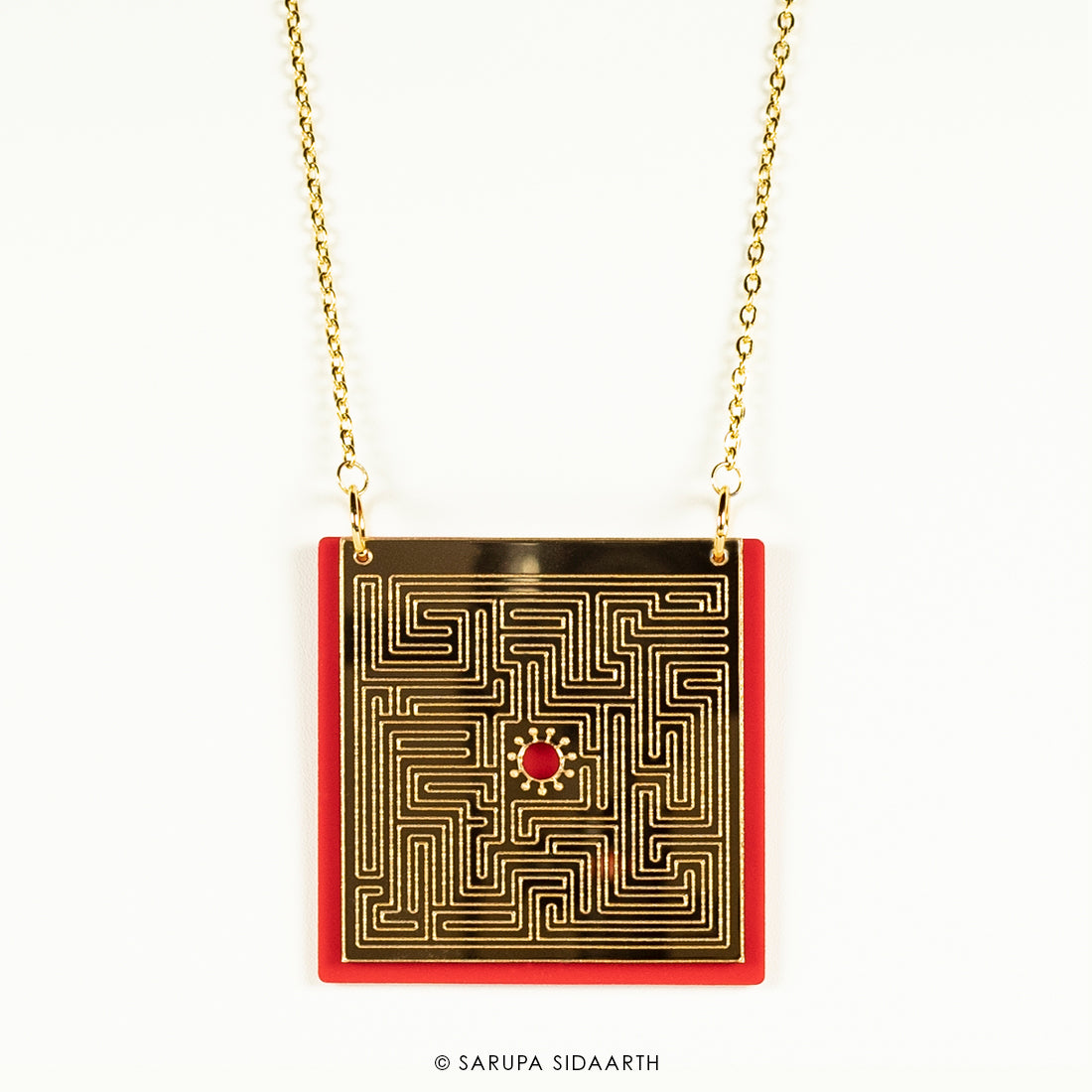 Gold and Red Acrylic Maze Necklace