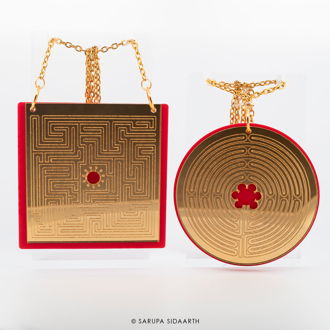 Gold and Red Acrylic Labyrinth Necklace